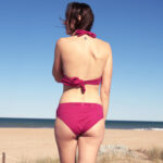 ShowBee SwimIt bikini top and briefs in beautyberry rose color with golden rings, ready to attach our beautiful ShowBee Fantasies. Back view.